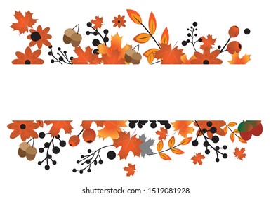 Autumn background for text with autumn leaves, acorns, poppy and rowanberry. Vector illustration