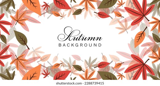 Autumn background. Thanksgiving and Harvest Day. Leaf fall on white background, horizontal banner. Autumn leaves frame. Vector illustration