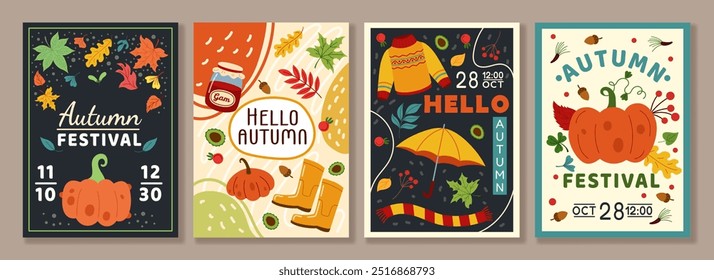 Autumn background. Thanksgiving holiday poster. Orange pumpkin. Fall leaves. Autumnal festival card. Botanical pattern. Harvest squash. Seasonal sweater. Rain umbrella. Vector tidy party flyers set