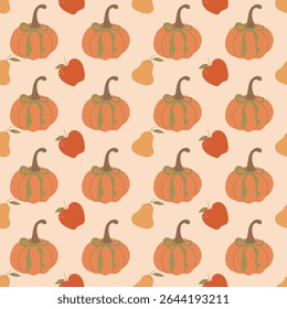Autumn background for Thanksgiving. Vector colorful autumn seamless pattern with orange pumpkin and cute bow, apples and pears. Cute autumn print. Suitable for wrapping, gift paper, textile design.