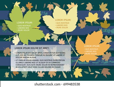Autumn background with three big spaces for text in the shape of leaves. Bench with leaves.