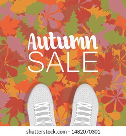 Autumn background, top view. Sneakers stand on the colorful leaves of an oak chestnut and maple. To attract customers to promotions, discounts, sales.