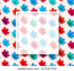 Autumn background with transparent frame and beautiful maple leaves pattern. Vector сard or poster template. 
