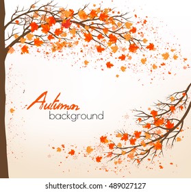 Autumn background with a tree and colorful leaves. Vector