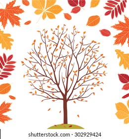 Autumn background. Autumn tree. Fall of the leaves. Sketch, design elements. Vector illustration.