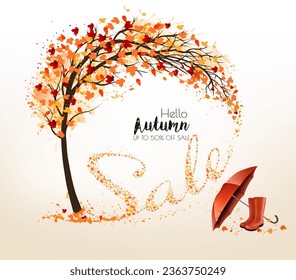 Autumn background with tree and falling colourful leaves gathered in the shape of the word sale and umbrella with boots. Autumn sale. Vector.