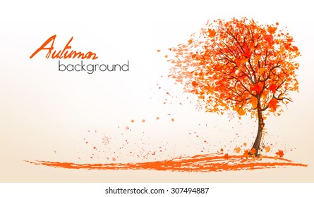 Autumn background with a tree and golden leaves. Vector.