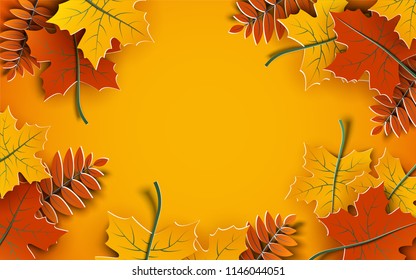 Autumn background, tree paper leaves, yellow backdrop, design for fall season sale banner, poster or thanksgiving day greeting card, festival invitation, paper cut out art style, vector illustration