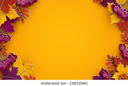 Autumn background, tree paper leaves, yellow backdrop, design for fall season sale banner, poster or thanksgiving day greeting card, festival invitation, paper cut out art style, vector illustration