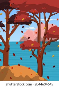 Autumn background with tree in riverbank