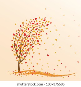 Autumn background with tree, yellow leaves and leaf fall. Vector illustration.