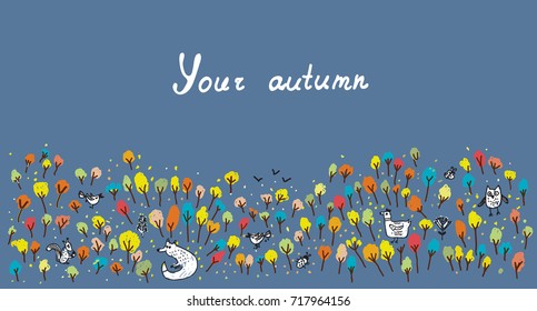 Autumn background with trees and animals for kids, horizontal banner design. Vector graphic illustration