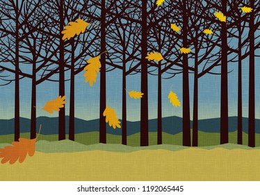 autumn background with trees and falling leaves for backgrounds, banners, print designs. Vector illustration.