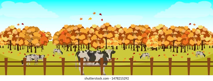 Autumn background with trees, leaves farm with cows. Seamless vector pattern. Yellow, red, green leaves. Season. Sunny weather. Autumn leaf fall. Cartoon style