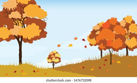 Autumn background with trees, leaves and hills. Seamless pattern. Vector. Yellow, red, green leaves. Season of the year. Sunny weather. Autumn leaf fall. Cartoon style.