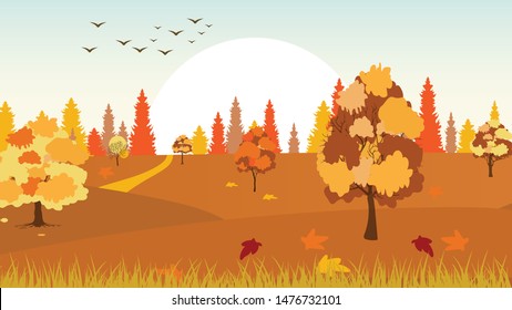 Autumn background with trees, leaves and hills. Seamless pattern. Vector. Yellow, red, green leaves. Season of the year. Sunny weather. Autumn leaf fall. Cartoon style.