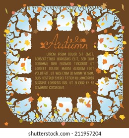Autumn background. Trees silhouettes and autumn leaves. There is place for your text on the Earth.