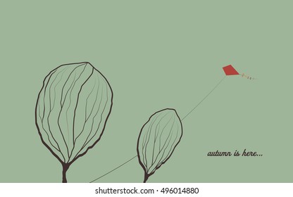 Autumn background with trees in wind. Melancholic emotion symbol vector wallpaper. Kite flying in the sky. Eps10 vector illustration.