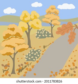 Autumn background with trees,bushes leaves and road.Vectot illustration