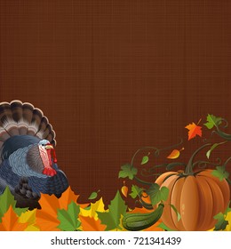 Autumn background with turkey, pumpkin, fallen leaves and free space for text. Autumn design. Vector illustration