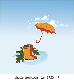 Autumn background with umbrella and gumboots