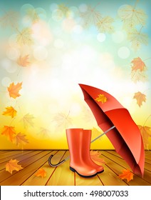 Autumn background with umbrella and rain boots. Vector.