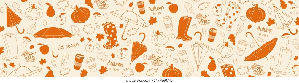 Autumn background with umbrella, rubber boots, pumpkin, apple, leaves and other fall elements. Banner design template for shopping sale, promo poster, web and social media. Vector illustration