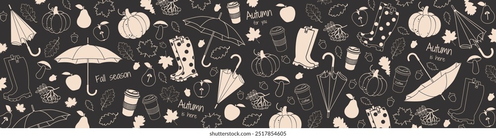 Autumn background with umbrella, rubber boots, pumpkin, apple, leaves and other fall elements. Banner design template for shopping sale, promo poster, web and social media. Vector illustration