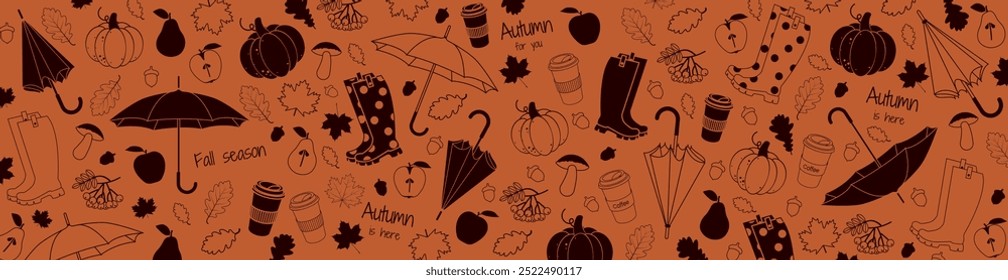 Autumn background with umbrella, rubber boots, pumpkin, apple, leaves and other fall elements. Banner design template for shopping sale, promo poster, web and social media. Vector illustration