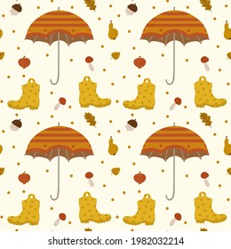 Autumn background with umbrellas and boots. The concept of drawing doodles, autumn foliage, umbrellas and shoes. Cute pattern for textile autumn textile. Vector illustration