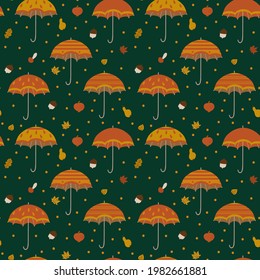 Autumn background with umbrellas. Doodle drawing concept, autumn foliage, umbrellas. Pattern for textiles autumn textiles. Vector illustration