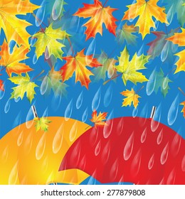 Autumn background with umbrellas, maple leaves and rain drops