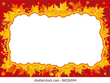 Autumn background. Vector border with many maple leaves and ornate elements.