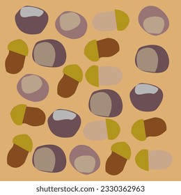Autumn background - vector chestnuts and acorns. Acorn, chestnut, oak nut, seed. Made in cartoon flat style. Vector illustration.