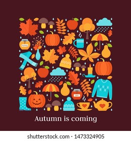 Autumn background. Vector. Creative card with autumn elements in square shape. Template in flat design on dark brown backdrop. Fall leaves decoration banner. Cartoon illustration. Colorful poster.