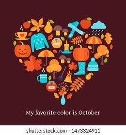 Autumn background. Vector. Creative card with autumn elements in heart shape. Template in flat design on dark brown backdrop. Fall leaves decoration banner. Cartoon illustration. Colorful poster.