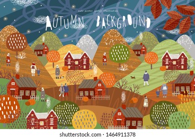 Autumn background. Vector cute illustration of street, houses, trees, leaves and people in the evening or at night. Drawing landscape with mountains in the village for a banner, poster or card
