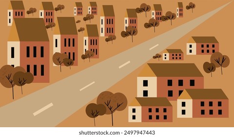 Autumn background. Vector cute illustration of street, houses, trees, Drawing landscape  village for a banner, poster or card