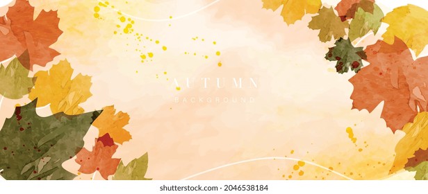 Herbsthintergrund, Vektorgrafik. Handgemalte Aquarell- und goldene Bürstenstruktur, Blumen- und botanische Blätterzeichnung. Abstraktes Kunstdesign für Tapeten, Tapeten, Decken, Hochzeiten und Einladungskarten.  