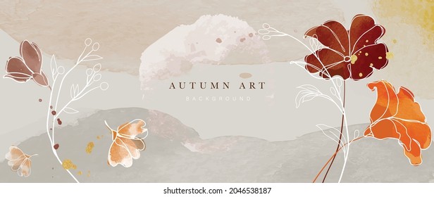 Autumn background vector. Hand painted watercolor and gold brush texture, Flower and botanical leaves hand drawing. Abstract art design for wallpaper, wall arts, cover , wedding and  invite card.  