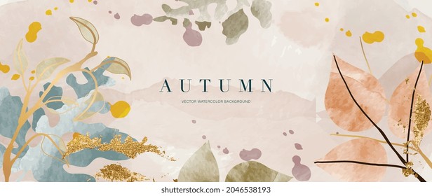 Vector de fondo otoñal. Color de agua pintado a mano y textura de brote dorado, Dibujo manual de hojas florales y botánicas. Resumen de diseño artístico para tapicería, artes murales, portada, bodas y tarjetas de invitación.  