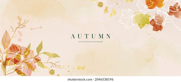 Autumn background vector. Hand painted watercolor and gold brush texture, Flower and botanical leaves hand drawing. Abstract art design for wallpaper, wall arts, cover , wedding and  invite card.  