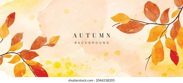 Autumn background vector. Hand painted watercolor and gold brush texture, Flower and botanical leaves hand drawing. Abstract art design for wallpaper, wall arts, cover , wedding and  invite card.  