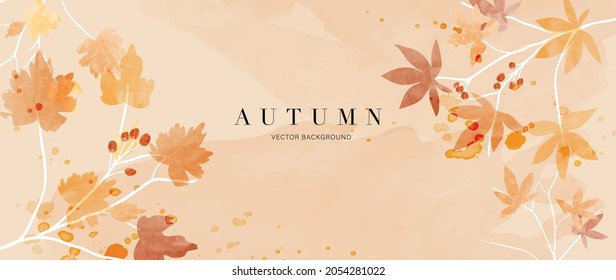 Autumn background vector. Hand painted watercolor and gold brush texture, Flower and botanical leaves hand drawing. Abstract art design for wallpaper, wall arts, cover, wedding and  invite card.  