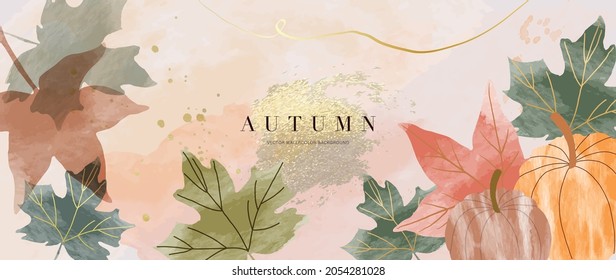 Autumn background vector. Hand painted watercolor and gold brush texture, Flower and botanical leaves hand drawing. Abstract art design for wallpaper, wall arts, cover, wedding and  invite card.  