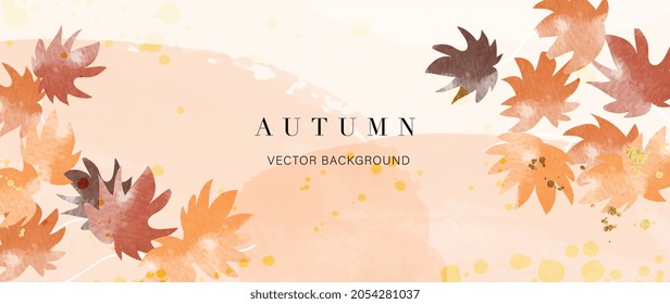 Autumn background vector. Hand painted watercolor and gold brush texture, Flower and botanical leaves hand drawing. Abstract art design for wallpaper, wall arts, cover, wedding and  invite card.  