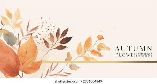 Autumn background vector. Hand painted watercolor and gold brush texture, Flower and botanical leaves hand drawing. Abstract art design for wallpaper, wall arts, cover , wedding and invite card.