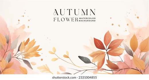 Autumn background vector. Hand painted watercolor and gold brush texture, Flower and botanical leaves hand drawing. Abstract art design for wallpaper, wall arts, cover , wedding and invite card.