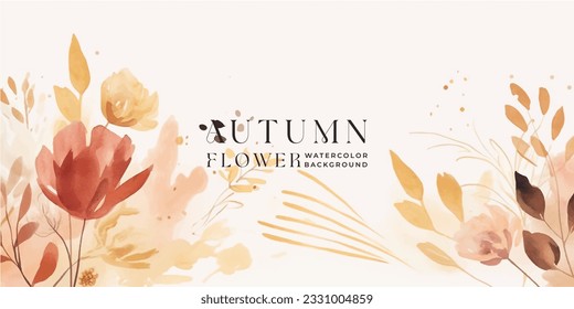 Autumn background vector. Hand painted watercolor and gold brush texture, Flower and botanical leaves hand drawing. Abstract art design for wallpaper, wall arts, cover , wedding and invite card.