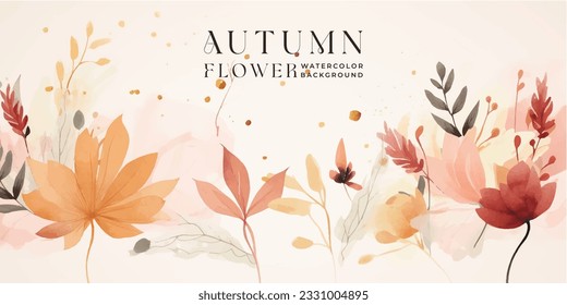 Autumn background vector. Hand painted watercolor and gold brush texture, Flower and botanical leaves hand drawing. Abstract art design for wallpaper, wall arts, cover , wedding and invite card.